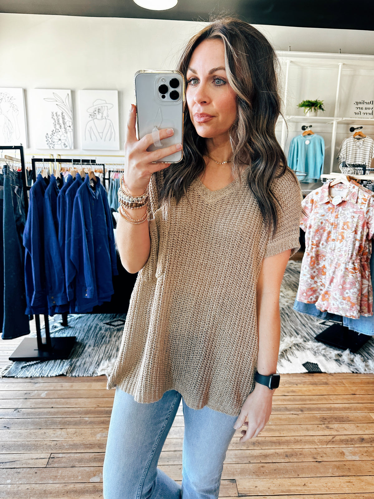 Tanya Taupe Short Sleeve Pocket Sweater-sweater-VerClare Boutique