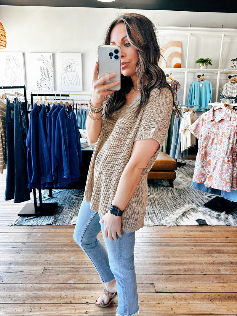 Tanya Taupe Short Sleeve Pocket Sweater-sweater-VerClare Boutique