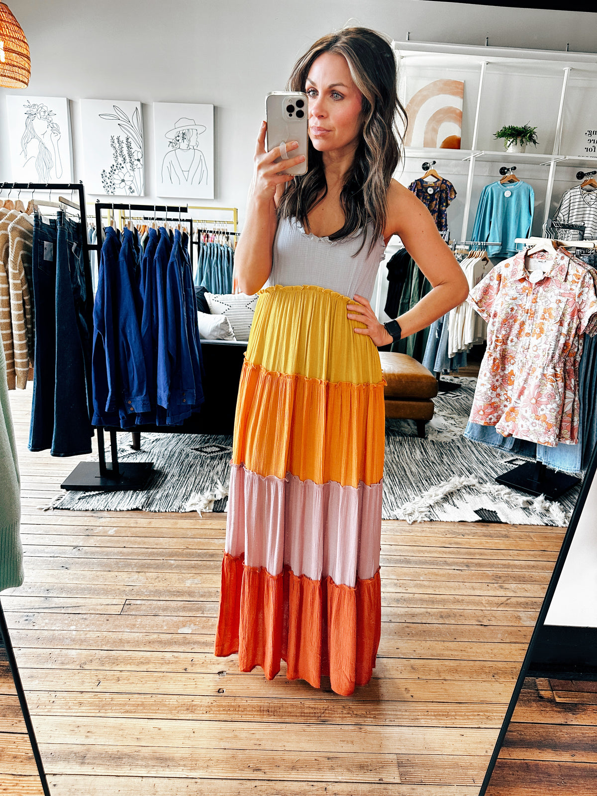 Front View. Multi Sunset Maxi Dress-Dresses & Rompers-VerClare Boutique