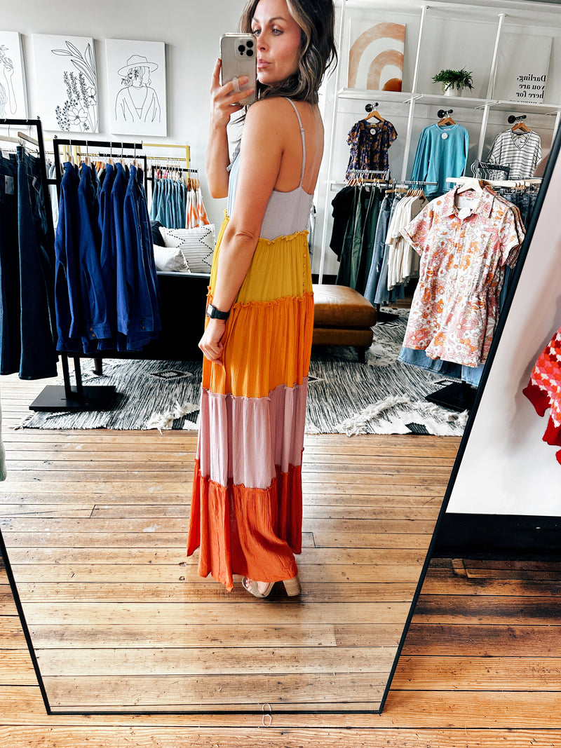Side View. Multi Sunset Maxi Dress-Dresses & Rompers-VerClare Boutique