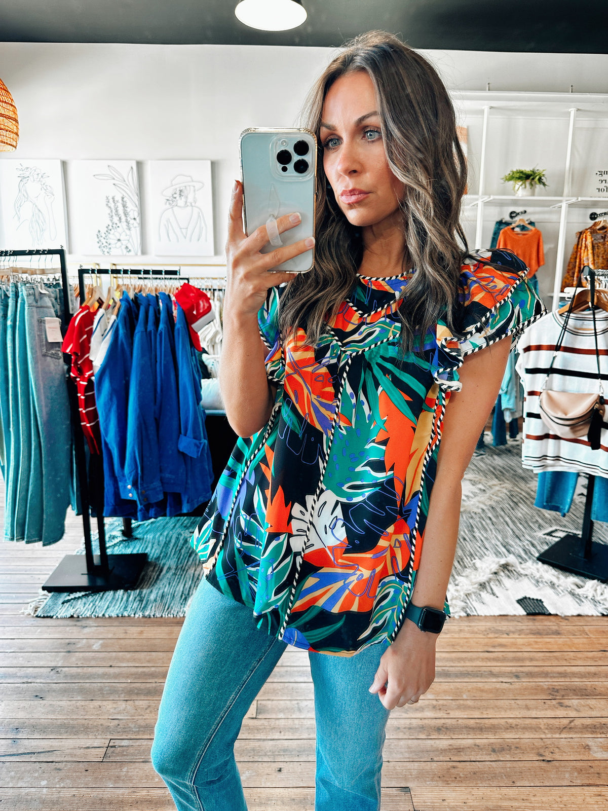 Front View. Black Tropical Cap Sleeve Blouse-Tops casual-VerClare Boutique