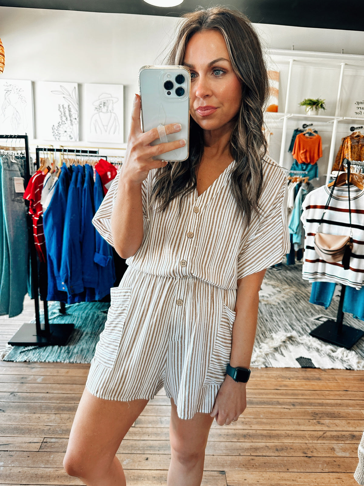 Taupe Striped Button Up Romper-Dresses & Rompers-VerClare Boutique