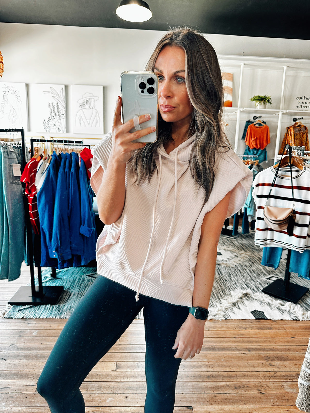 Front View. Hollie Short Sleeve Hooded Blush Top-Tops basic solid-VerClare Boutique