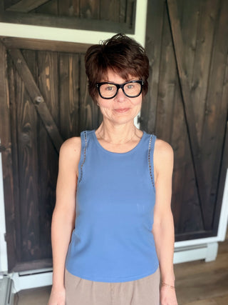 Boa Rib Tank - Lake Blue-Tops Basic SolidBoa Rib Tank - Lake Blue | VerClare Boutique | Jenison MI -Z Supply Boa Rib Tank is a beautiful fine rib cotton knit sleeveless tank featuring a classic crew neckline, delicate eyelet detailing along the edges, and a flattering fitted silhouette. Free US shipping on eligible orders. -VerClare Boutique