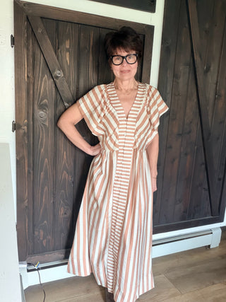 Eira Striped Button-Front Midi Dress - Latte-Dresses & RompersEira Striped Button-Front Midi Dress - Latte | VerClare Boutique | Jenison MI -Striped Button-Front Midi Dress is a beautiful lightweight woven striped midi dress featuring mixed vertical and horizontal stripe placement, a deep V-neckline, and soft flutter cap sleeves. Free US shipping from VerClare Boutique.-VerClare Boutique