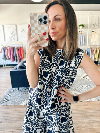 Zarina Tropical Print Sleeveless Top - Navy/Ivory