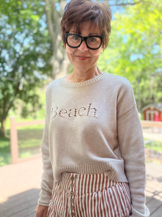 Beach Embroidered Sweater - Natural Heather-SweatersZ Supply Beach Embroidered Sweater - Natural Heather | VerClare Boutique-Shop the Z Supply Beach Embroidered Sweater in Natural Heather. Cutwork embroidered graphic, 100% cotton, relaxed crew neck. Sizes XS–L. -VerClare Boutique