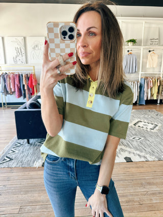 Dara Striped Polo - Blue Sage-Tops CasualDara Striped Polo | VerClare Boutique | Jenison MI -Striped Polo shirt is a lightweight woven striped sweater-like shirt featuring vertical stripes, button neck and yellow collar. Free US shipping from VerClare Boutique.-VerClare Boutique