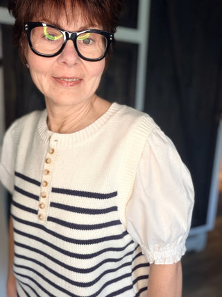 Sadie Sweater Top - Navy Stripe-SweatersSadie Sweater Top - Navy Stripe | VerClare Boutique | Jenison MI -Beautiful mixed media piece featuring cotton/acrylic blend top in white with navy stripes. Round crew collar with buttons. The fit is slightly oversized. Free US shipping on eligible orders. -VerClare Boutique