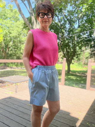 Gala Denim Short Pants - Lt Denim-BottomsCotierra Gala Denim Short Pants - Light Denim | VerClare Boutique-Shop the Cotierra Gala Denim Short Pants in Light Denim. Soft cotton-blend denim, elastic high-rise waist, side pockets, easy pull-on style. Sizes S–L.-VerClare Boutique