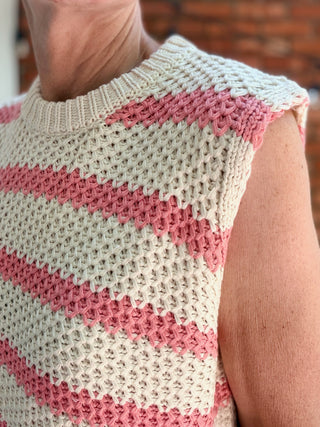 Daydream Stripe Knit Vest-SweatersLovLov Daydream Stripe Knit Vest – Ivory & Pink | VerClare Boutique-Shop the LovLov Daydream Stripe Knit Vest — waffle weave 100% acrylic knit in ivory & pink stripe. Wear alone or layered. Sizes S–XL. Free US shipping on eligible orders.-VerClare Boutique