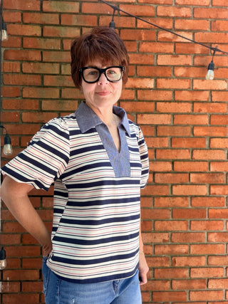 Cressida Collared V-Neck Striped Top - Navy-Tops CasualVOY Cressida Collared V-Neck Striped Top - Navy | VerClare Boutique-Shop the VOY Cressida Collared V-Neck Striped Top in Navy. Ribbed knit stripe, collared V-neck, bubble sleeves, contrast placket detail. Sizes S–L.-VerClare Boutique
