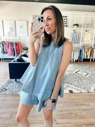Gala Denim Tank Top - Lt Denim-Tops CasualGala Denim Tank top - Lt Denim | VerClare Boutique | Jenison MI -Denim Tank Top is a beautiful soft denim woven sleeveless tank top featuring a flattering scoop neckline, defined seaming with pleated detailing, and a keyhole back closure. Free US shipping from VerClare Boutique.-VerClare Boutique