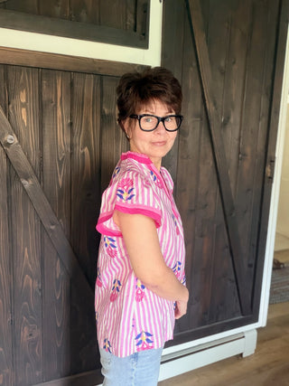Lina Embroidered Striped Top - Pink-Tops CasualLina Embroidered Stripe Top - Pink | VerClare Boutique | Jenison MI -Embroidered Striped Top is a beautiful soft cotton woven flutter sleeve top featuring floral embroidery detailing, a split V-neckline, and contrast color block accents. Free US shipping from VerClare Boutique.-VerClare Boutique