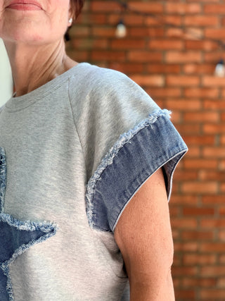 Sasha - Star Heather Grey-Tops Basic PrintBibi Sasha Star Short Sleeve Top - Heather Grey | VerClare Boutique-Shop the Bibi Sasha Star Top in Heather Grey. 100% cotton French terry, denim accents, frayed edges, festive patriotic design, relaxed fit. Sizes S–XL.-VerClare Boutique