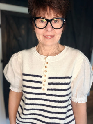 Sadie Sweater Top - Navy Stripe-SweatersSadie Sweater Top - Navy Stripe | VerClare Boutique | Jenison MI -Beautiful mixed media piece featuring cotton/acrylic blend top in white with navy stripes. Round crew collar with buttons. The fit is slightly oversized. Free US shipping on eligible orders. -VerClare Boutique