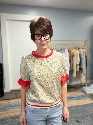 Gemma Contrast Ruffle Floral Embroidered Top