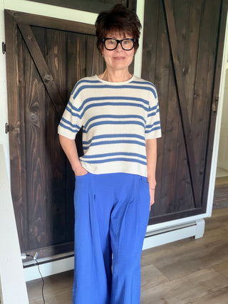 Gaia Pleat Wide-Leg Pants - Blue-BottomsGaia Pleat Wide-Leg Pants - Blue | VerClare Boutique | Jenison MI -Pleat Wide-Leg Pants are a beautiful lightweight woven cropped wide-leg pant featuring elegant pleat detailing, a comfortable pull-on waistband with elastic back, and functional side pockets. Free US shipping from VerClare Boutique.-VerClare Boutique