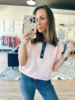Rosell Park Avenue Polo Sweater - Pink-SweatersRosell Park Avenue Polo Sweater - Pink | VerClare Boutique | Jenison MI -Park Avenue Polo Sweater is a beautiful soft sweater knit polo-style top featuring a contrast denim collar, a classic polo neckline, and an effortlessly polished silhouette. Free US shipping from VerClare Boutique.-VerClare Boutique