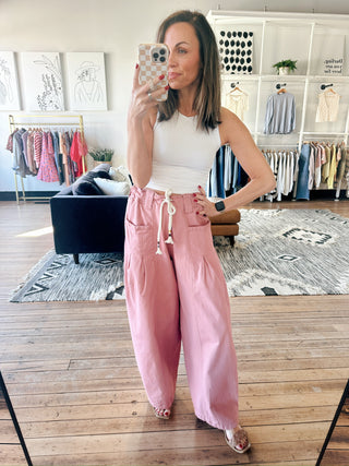 Valoria Barrell Pull-On Twill Jeans - Tea Rose-BottomsValoria Barrell Pull-On Twill Jeans - Tea Rose | VerClare Boutique | Jenison MI -Barrel Pull-On Twill Jeans are a beautiful soft stretch twill barrel-leg pant featuring a contemporary wide barrel silhouette, a corded drawstring waistband, and seamed panel detailing throughout. Free US shipping from VerClare Boutique.-VerClare Boutique