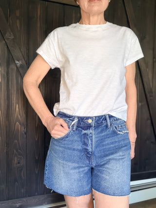 Saylor High Rise Denim Shorts - Honeycomb-BottomsSaylor High Rise Denim Shorts - Honeycomb | VerClare Boutique | Jenison MI -High Rise Denim Shorts are a beautiful comfort denim high-rise short featuring distressed detailing, a raw hem finish, and a classic 5-pocket design. Free US shipping from VerClare Boutique.-VerClare Boutique