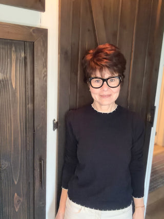 Ophelia Navy Cotton Sweater-SweatersOphelia Navy Cotton Sweater | VerClare Boutique | Jenison MI -Cotton Sweater is a beautiful soft long sleeve 100% cotton featuring white contrast switching around neck, wrist and waist and ruffle shoulder detail. Free US shipping from VerClare Boutique.-VerClare Boutique