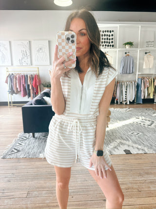 Danica Striped Zip Front Romper - Light Khaki-Dresses & RompersDanica Striped Zip Front Romper, light khaki | VerClare Boutique | Jenison, MI-Striped zip-front drawstring knit romper. Free US shipping from VerClare Boutique.-VerClare Boutique