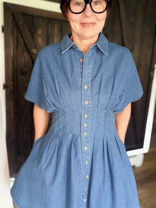 Galilea Pleated Denim Mini Dress - Denim-Dresses & RompersBelle Stripe Soft Brushed Top – Denim Blue Combo | VerClare Boutique | Jenison MI -This Pleated Denim Mini Dress is a beautiful structured denim woven button-front mini dress featuring a classic collared neckline, short dolman sleeves, and front and back pleat detailing that defines the waist. Free US shipping from VerClare Boutique.-VerClare Boutique