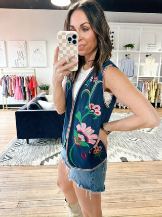 Rayna Floral Embroidery Vest - Navy