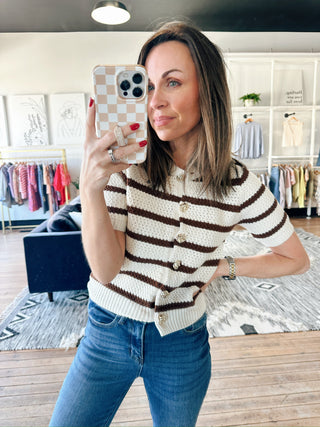 Milena Striped Button Knit Cardigan - Mocha-SweatersMilena striped Button Knit Cardigan - Mocha | VerClare Boutique | Jenison MI -Striped Button Knit Cardigan is a beautiful soft knit striped cardigan featuring classic stripe detailing, a button-front closure, and an easy, timeless silhouette. Free US shipping from VerClare Boutique.-VerClare Boutique