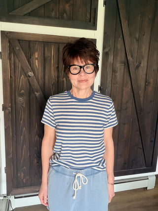 Tourist Striped Tee - Calypso Blue Indigo-Tops CasualTourist Striped Tee - Calypso Blue Indigo | VerClare Boutique | Jenison MI -Z Supply Tourist Striped Tee is a beautiful airy loose knit jersey short-sleeve tee featuring timeless stripe detailing, a classic crew neckline, and a relaxed, easy silhouette. Free US shipping on eligible orders. -VerClare Boutique