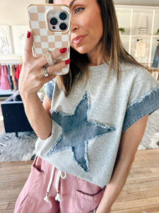 Sasha - Star Heather Grey-Tops Basic PrintSasha - Star Heather Grey | VerClare Boutique | Jenison MI -Beautiful soft French terry knit short-sleeve top featuring denim combo accents, frayed edge detailing, and a festive patriotic-inspired design. Free US shipping from VerClare Boutique.-VerClare Boutique
