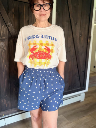 Lucille Woven Polka Dot Print Shorts - Dusty Blue-BottomsLucille Woven Polka dot Print Shorts - Dusty Blue | VerClare Boutique | Jenison MI -Woven Polka dot Print Shorts are a lightweight woven polka-dot short featuring elastic waist and side pockets. Free US shipping from VerClare Boutique.-VerClare Boutique