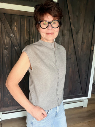 Emilie Cap Sleeve Mock Neck Cardigan - Heather Grey-SweatersEmilie Cap Sleeve Mock Neck Cardigan - Heather Grey | VerClare Boutique | Jenison MI-Soft lightweight knit cap sleeve mock neck featuring a classic minimalist silhouette, a comfortable everyday fit, and an easy layering design. Free US shipping from VerClare Boutique.-VerClare Boutique