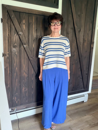 Gaia Pleat Wide-Leg Pants - Blue-BottomsGaia Pleat Wide-Leg Pants - Blue | VerClare Boutique | Jenison MI -Pleat Wide-Leg Pants are a beautiful lightweight woven cropped wide-leg pant featuring elegant pleat detailing, a comfortable pull-on waistband with elastic back, and functional side pockets. Free US shipping from VerClare Boutique.-VerClare Boutique