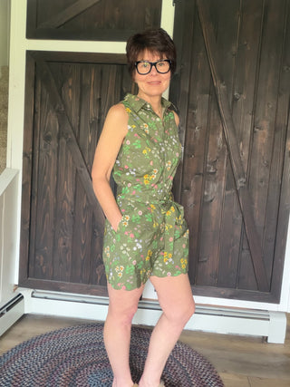 Iris Olive Floral Romper-Dresses & RompersIris Olive Floral Scalloped Romper | VerClare Boutique-Shop the &merci Iris Olive Floral Romper — scalloped edges, smocked waist, self-tie sash, pockets & fully lined. Sizes S–L. $81.99-VerClare Boutique