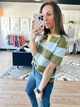 Dara Striped Polo - Blue Sage-Tops CasualDara Striped Polo | VerClare Boutique | Jenison MI -Striped Polo shirt is a lightweight woven striped sweater-like shirt featuring vertical stripes, button neck and yellow collar. Free US shipping from VerClare Boutique.-VerClare Boutique
