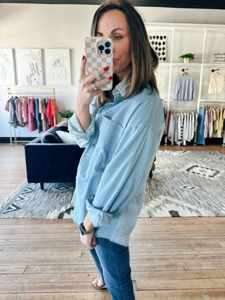 Ileana Striped Button Down Shirt - Denim-Tops Basic SolidBelle Stripe Soft Brushed Top – Denim Blue Combo | VerClare Boutique | Chenoa, IL-Striped Button Down Shirt is a beautiful soft cotton woven button-down shirt featuring contrast stripe detailing, a classic collared neckline, and a relaxed everyday silhouette. Free US shipping from VerClare Boutique.-VerClare Boutique