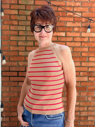 Meriel Striped Sweater Tank-SweatersMeriel Striped Sweater Tank | Wishlist | VerClare Boutique-The Meriel Striped Sweater Tank by Wishlist features a high neck, soft knit, and bold Camel/Red stripe. 80% rayon, sizes S–L. Free shipping on eligible orders.-VerClare Boutique
