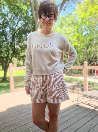 Clarissa Mineral Washed Stripe Shorts - Camel-BottomsEE:SOME Clarissa Mineral Washed Stripe Shorts - Camel | VerClare Boutique-Shop the EE:SOME Clarissa Mineral Washed Stripe Shorts in Camel. Cotton-blend, mineral washed, stripe pattern, button-front detail, relaxed fit. Sizes S–L.-VerClare Boutique