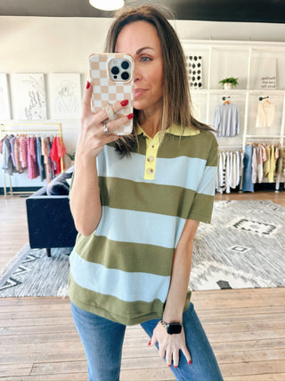 Dara Striped Polo - Blue Sage-Tops CasualDara Striped Polo | VerClare Boutique | Jenison MI -Striped Polo shirt is a lightweight woven striped sweater-like shirt featuring vertical stripes, button neck and yellow collar. Free US shipping from VerClare Boutique.-VerClare Boutique