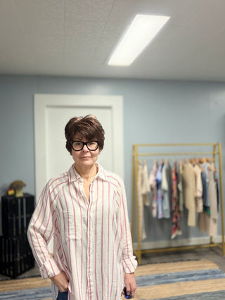 The Perfect Line Top - Spanish Rose-Tops CasualThe Perfect Line Top - Spanish Rose | VerClare Boutique | Jenison MI -The Z Supply Perfect Line Top is a beautiful textured linen-rayon woven striped button-up shirt featuring a soft, drapey feel, a classic collared neckline, and a curved hemline for easy layering. It fits relaxed with an effortless, breezy silhouette — perfect for casual workdays, errands, travel, or everyday wear. Made from a lightweight, breathable linen-blend fabric, this piece adds polishe