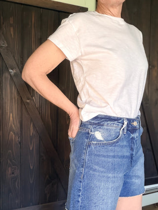 Saylor High Rise Denim Shorts - Honeycomb-BottomsSaylor High Rise Denim Shorts - Honeycomb | VerClare Boutique | Jenison MI -High Rise Denim Shorts are a beautiful comfort denim high-rise short featuring distressed detailing, a raw hem finish, and a classic 5-pocket design. Free US shipping from VerClare Boutique.-VerClare Boutique