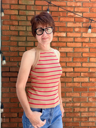 Meriel Striped Sweater Tank-SweatersMeriel Striped Sweater Tank | Wishlist | VerClare Boutique-The Meriel Striped Sweater Tank by Wishlist features a high neck, soft knit, and bold Camel/Red stripe. 80% rayon, sizes S–L. Free shipping on eligible orders.-VerClare Boutique