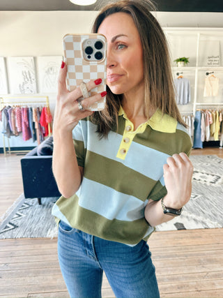 Dara Striped Polo - Blue Sage-Tops CasualDara Striped Polo | VerClare Boutique | Jenison MI -Striped Polo shirt is a lightweight woven striped sweater-like shirt featuring vertical stripes, button neck and yellow collar. Free US shipping from VerClare Boutique.-VerClare Boutique