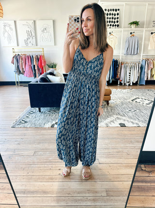 Taliah Boho Sleeveless Jumpsuit - Indigo-Dresses & RompersTaliah Boho Sleeveless Jumpsuit - Indigo | VerClare Boutique | Jenison MI -This Boho Sleeveless Jumpsuit is a beautiful lightweight woven rayon sleeveless jumpsuit featuring a relaxed boho-inspired silhouette, an easy pull-on design, and flowy wide-leg styling. Free US shipping from VerClare Boutique.-VerClare Boutique