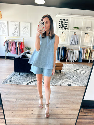 Gala Denim Tank Top - Lt Denim-Tops CasualGala Denim Tank top - Lt Denim | VerClare Boutique | Jenison MI -Denim Tank Top is a beautiful soft denim woven sleeveless tank top featuring a flattering scoop neckline, defined seaming with pleated detailing, and a keyhole back closure. Free US shipping from VerClare Boutique.-VerClare Boutique