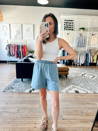 Gala Denim Short Pants - Lt Denim-BottomsGala Denim Short Pants - Lt Denim | VerClare Boutique | Jenison MI -Denim Short Pants are a beautiful soft denim woven high-rise short featuring a comfortable elastic waistband, functional side pockets, and an easy everyday silhouette. Free US shipping from VerClare Boutique.-VerClare Boutique