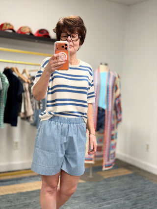 Prado Stripe Sweater Tee - Lake Blue-CASZ Supply - Prado Stripe Sweater Tee | VerClare Boutique | Jenison MI -Z Supply Prado Stripe Sweater Tee is a beautiful textured sweater knit short-sleeve top featuring sunshine-ready stripe detailing, a classic crew neckline, and a relaxed boxy silhouette. Free US shipping on eligible orders. Chenoa, Illinois-VerClare Boutique