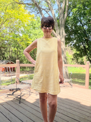 Maxine Yellow Striped Sleeveless Dress-Dresses & RompersBy Together Maxine Striped Sleeveless Dress | VerClare Boutique-Shop the By Together Maxine Striped Sleeveless Dress. Lightweight polyester/spandex blend, relaxed shift silhouette, functional pockets. Sizes S–L.-VerClare Boutique